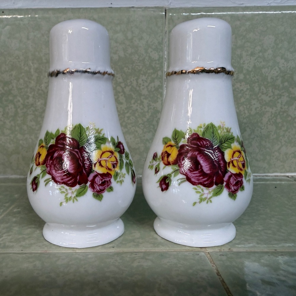 Vintage Bone China Salt and Pepper Shakers Floral Rose Gold Trim Taiwan Set